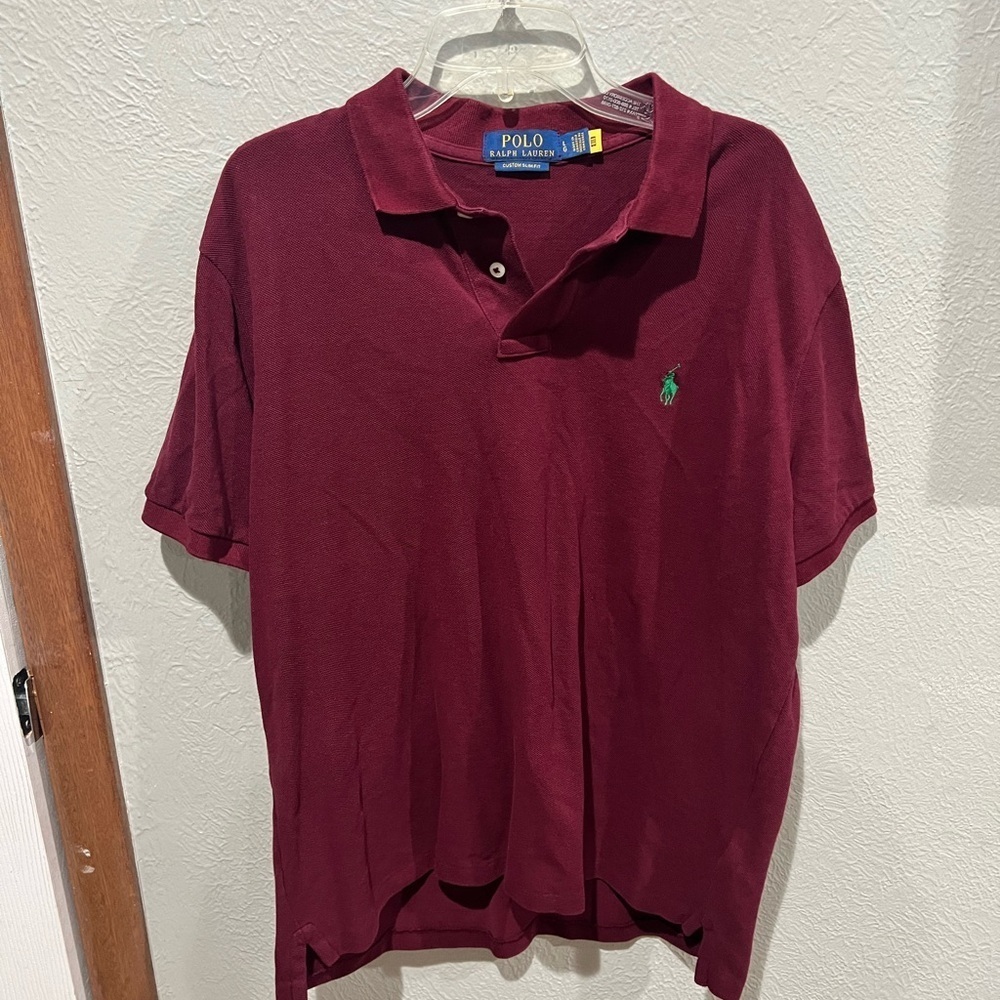 Ralph Lauren Men's Deep Red Polo Shirt Green Pony EUC Size L Custom Slim Fit